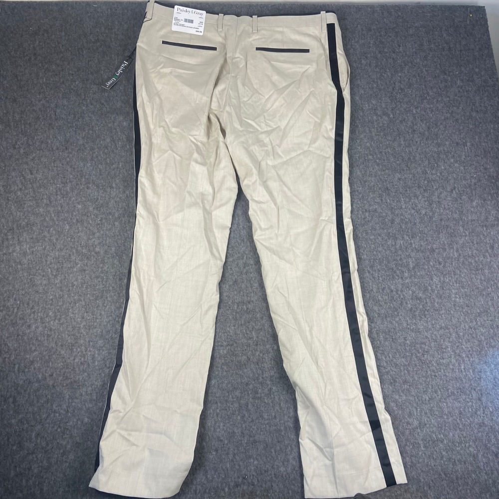 Paisley & Gray Men's Slim Fit Tuxedo Dress Pants 36x32 Black Stripe Beige - Picture 2 of 8